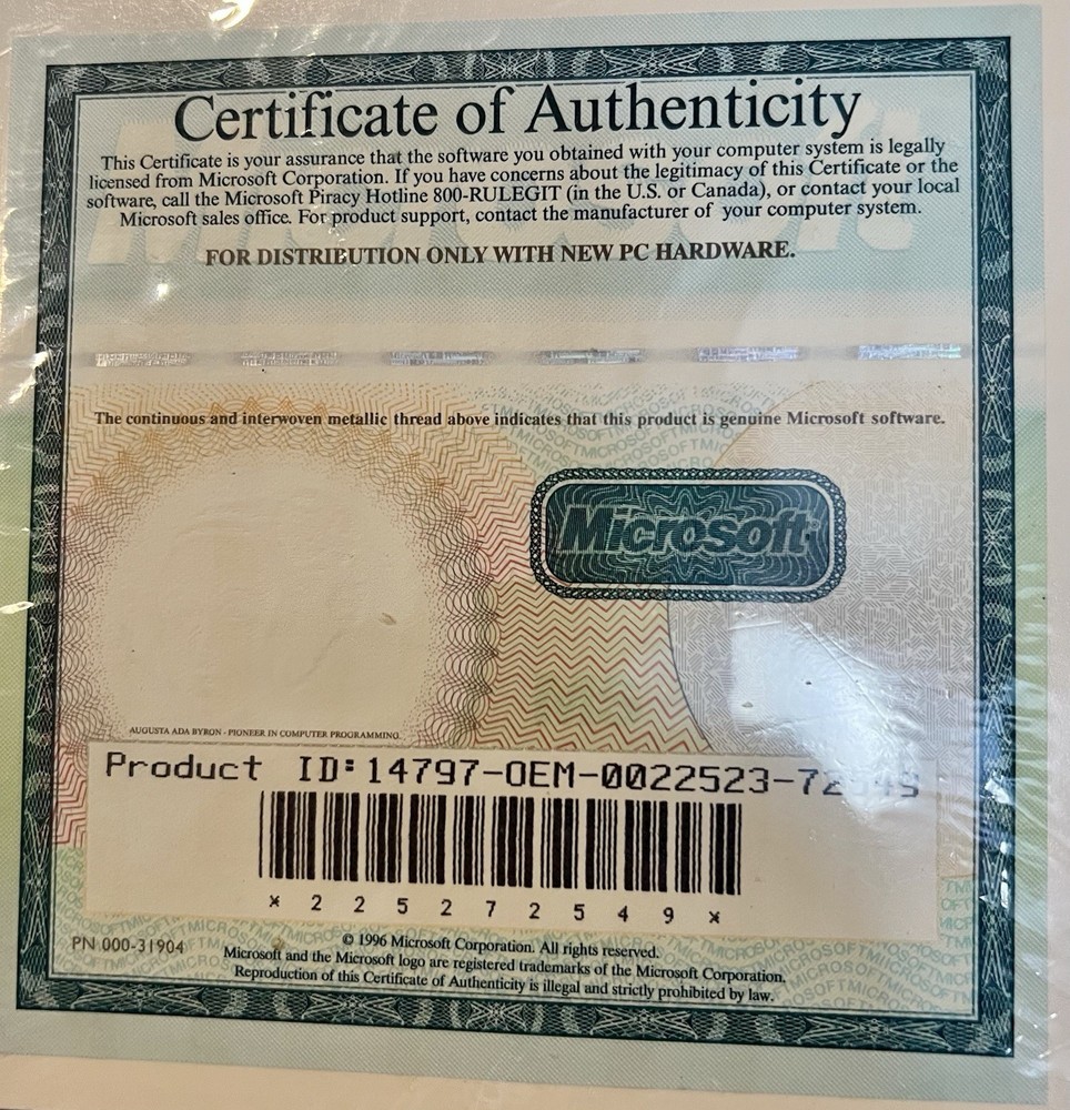 Windows 95 CD-ROM Setup Boot Disk - "Distribution with a new PC only"