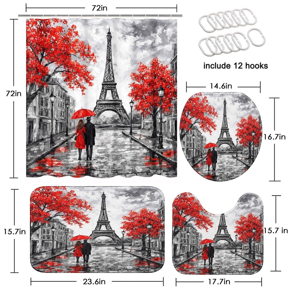 4 Piece Shower Curtain Sets, Red Background Paris Eiffel Tower with Non-Slip ...