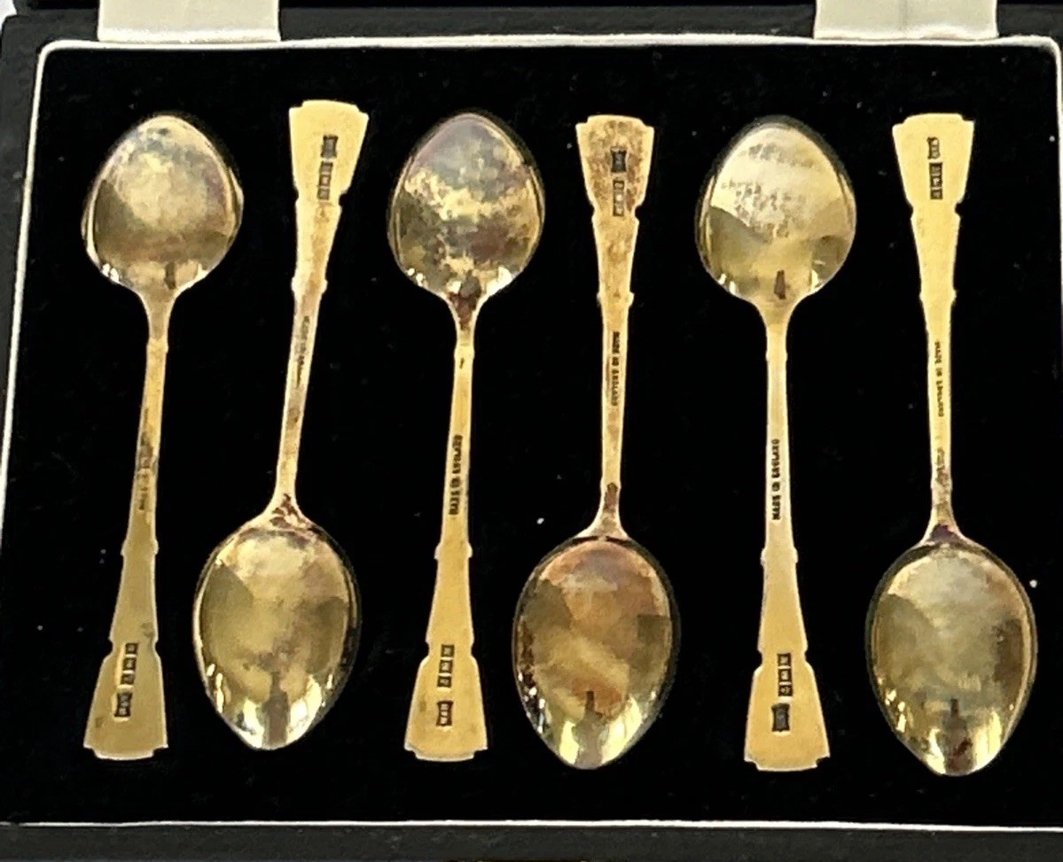 Vintage Walker & Hall Set Of 6 Silver Gilt And Enamel Coffee Spoons - England