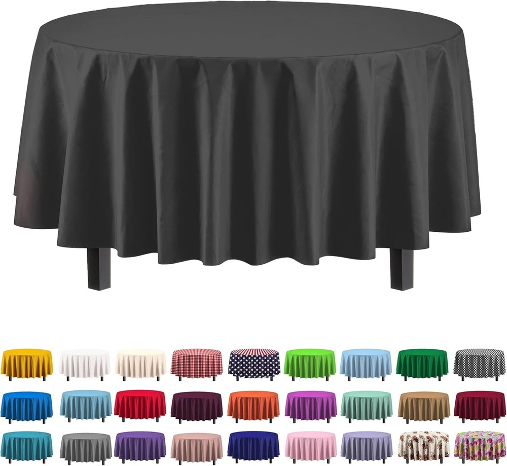 6-Pack Premium Black Plastic Tablecloths, 84in Round - Elegant Dining Solution
