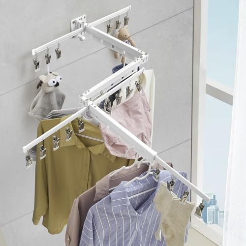 White Clothes Drying Rack Retractable Foldable Wall Mounted, Tri-Fold Space