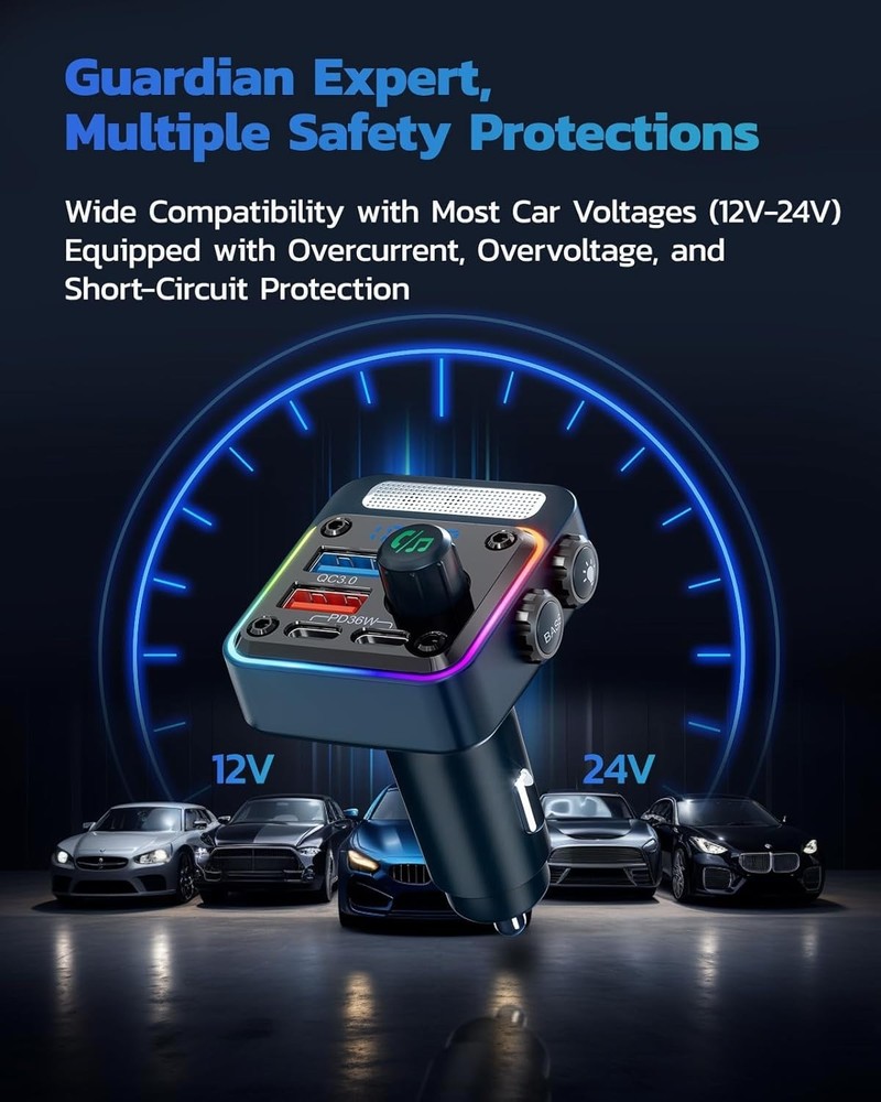 4-Port Bluetooth Car Adapter with FM Transmitter & LED Backlit - 54W Power