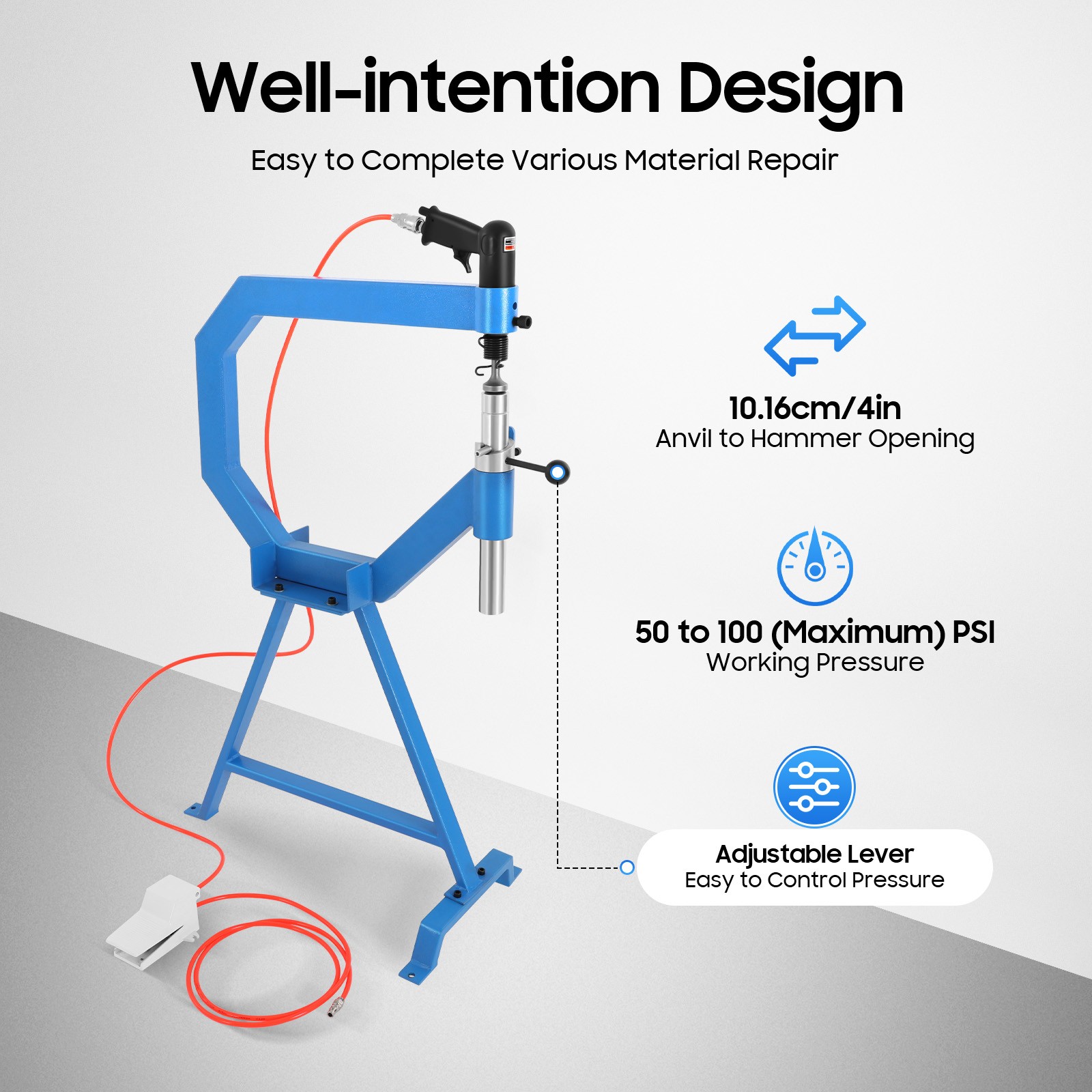 Industrial Pneumatic Planishing Hammer with Stand, Pedal & 1-3" Anvils