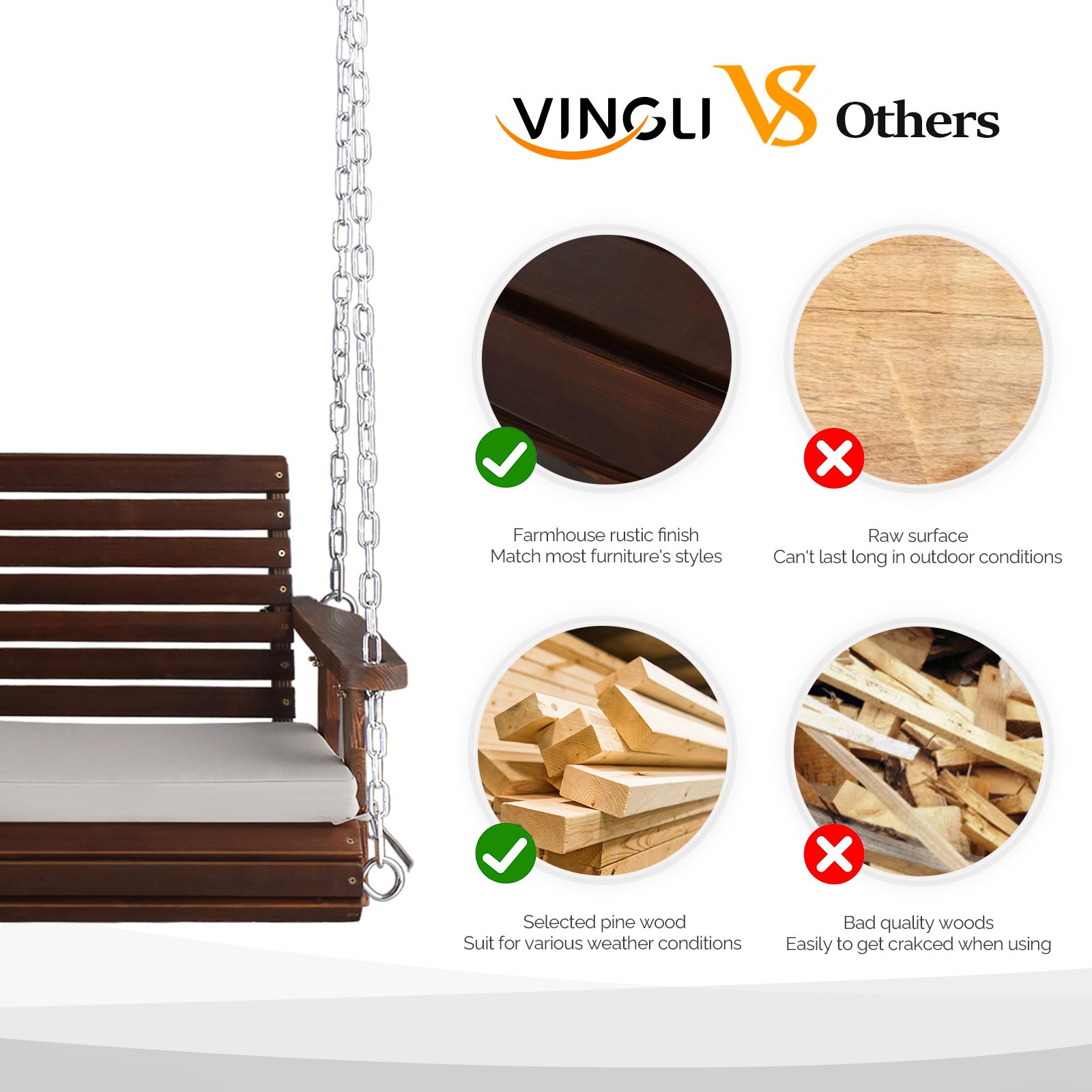 5 FT Heavy Duty 880 LBS Patio Wooden Porch Swing Outdoor with Extra Cushions