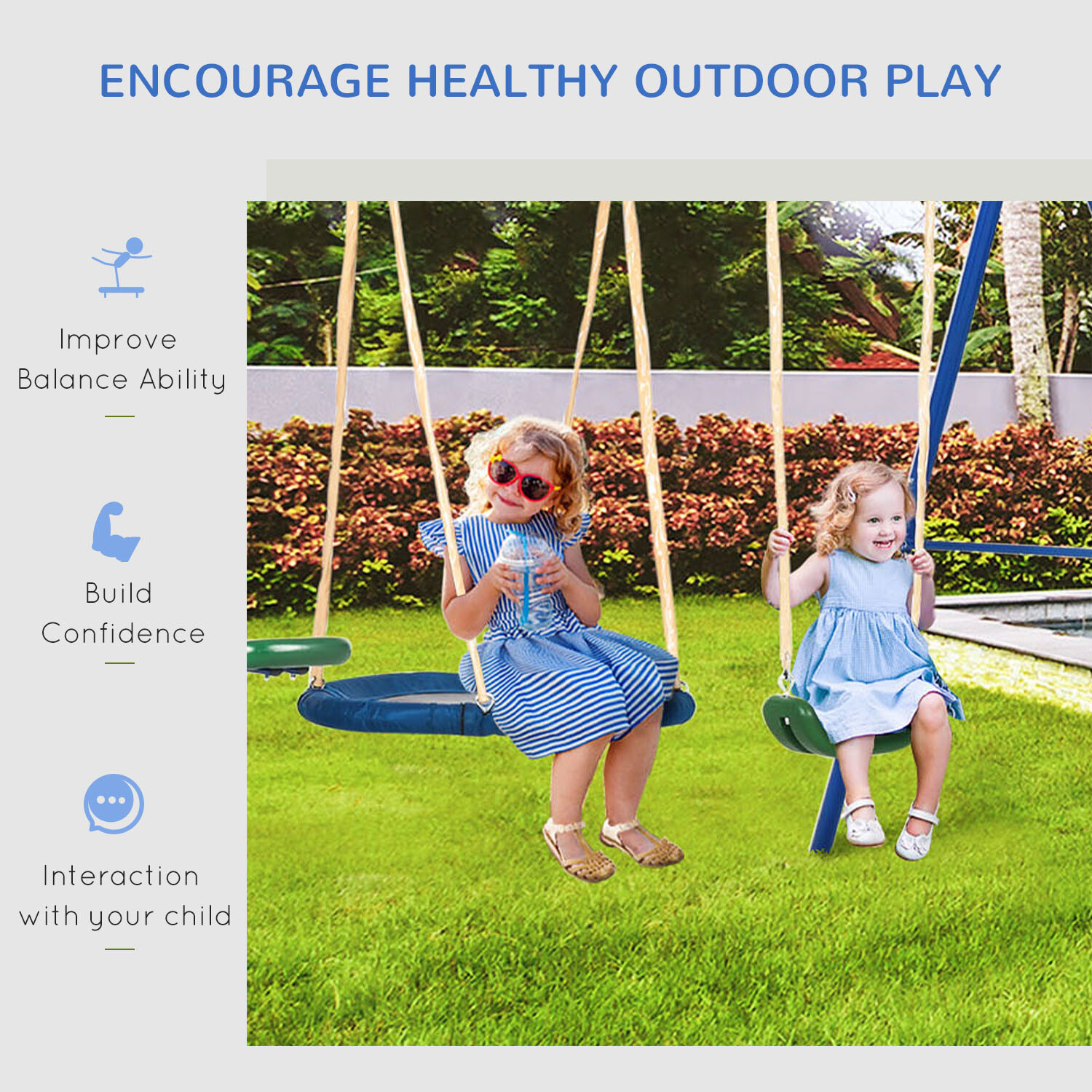Outsunny Metal Swing Set for Kids with Double Swings Slide Seesaw Glider