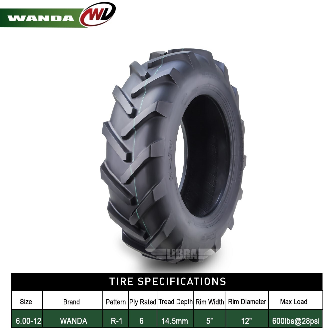 Set of 2 WANDA 6.00-12 Agricultural Farm Tractor Tire R-1 Pattern 6Ply 6.00x12