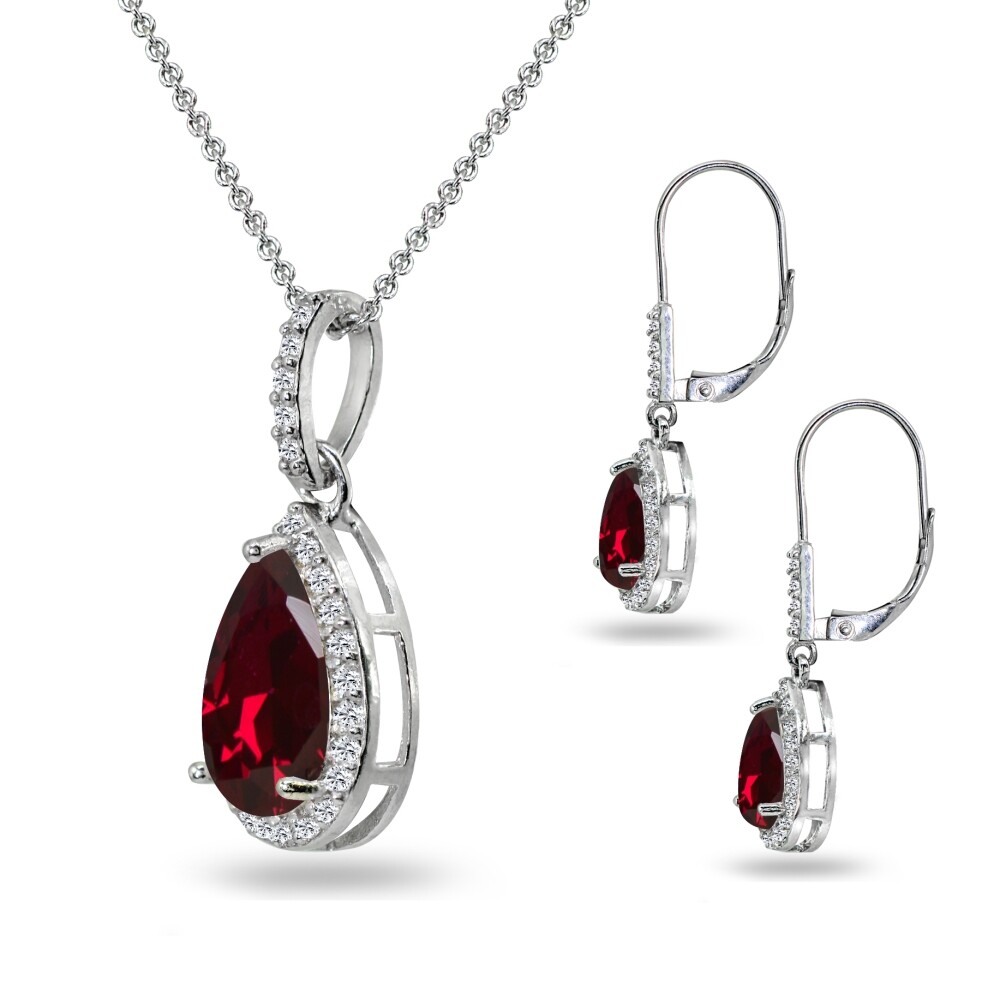 Teardrop Created Ruby & White Topaz Necklace & Leverback Earrings in Silver