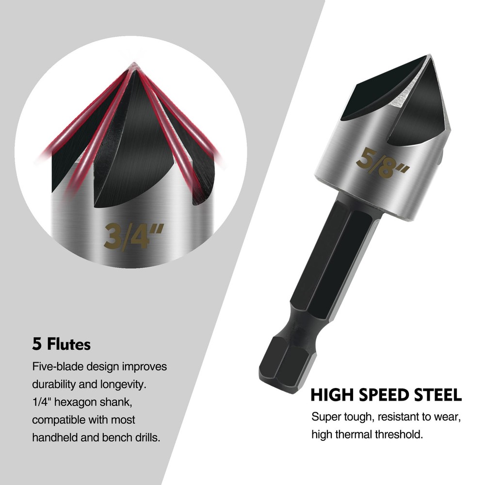 GMTOOLS 5PCS Countersink Drill Bit Set, High Speed Steel Bits,...