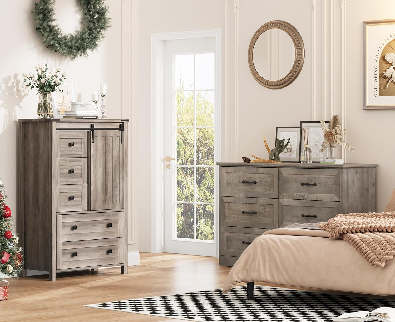 Rustic 5 Drawer Dresser with Barn Door & Adjustable Shelf - Grey Finish