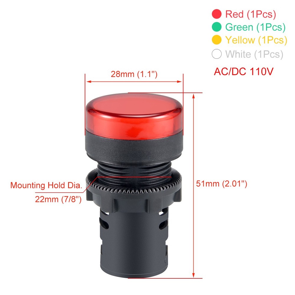 4sets AC/DC 110V Indicator Lights LED Flush Panel Mount 7/8" 22mm