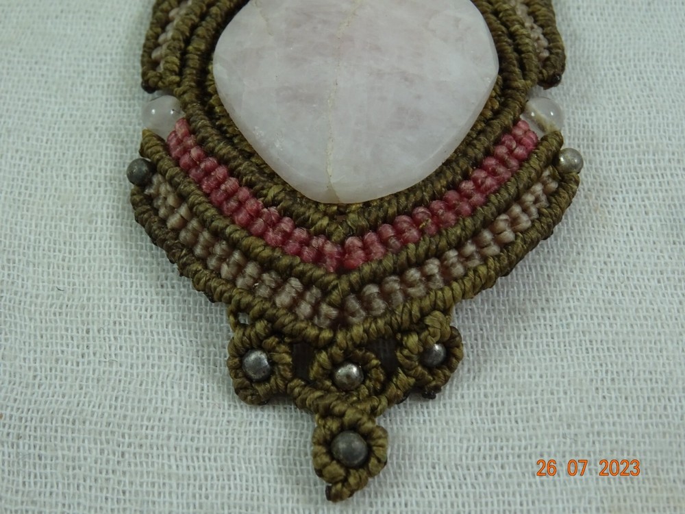 Artisan Oval Pink Topaz Stone Macrame Setting Statement Necklace 27' adjustable