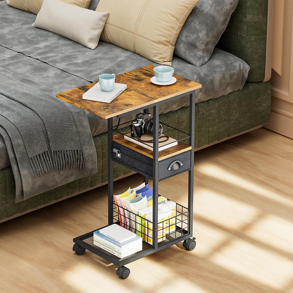 C Shaped Sofa Side Table Couch End Table with Drawer Bedside Table with Wheels