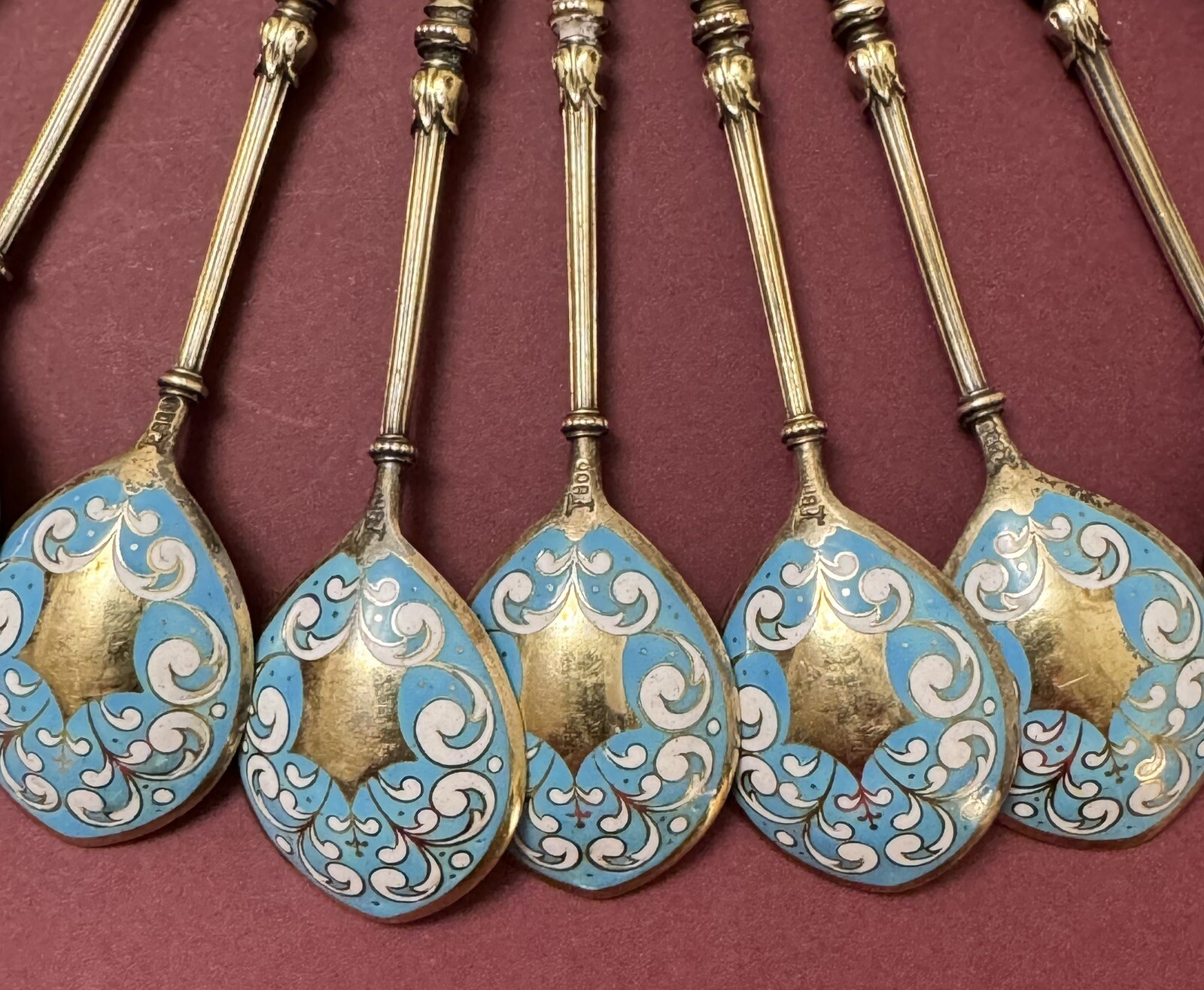 Set 12 German 800 Silver Gilt and ENAMEL Spoons
