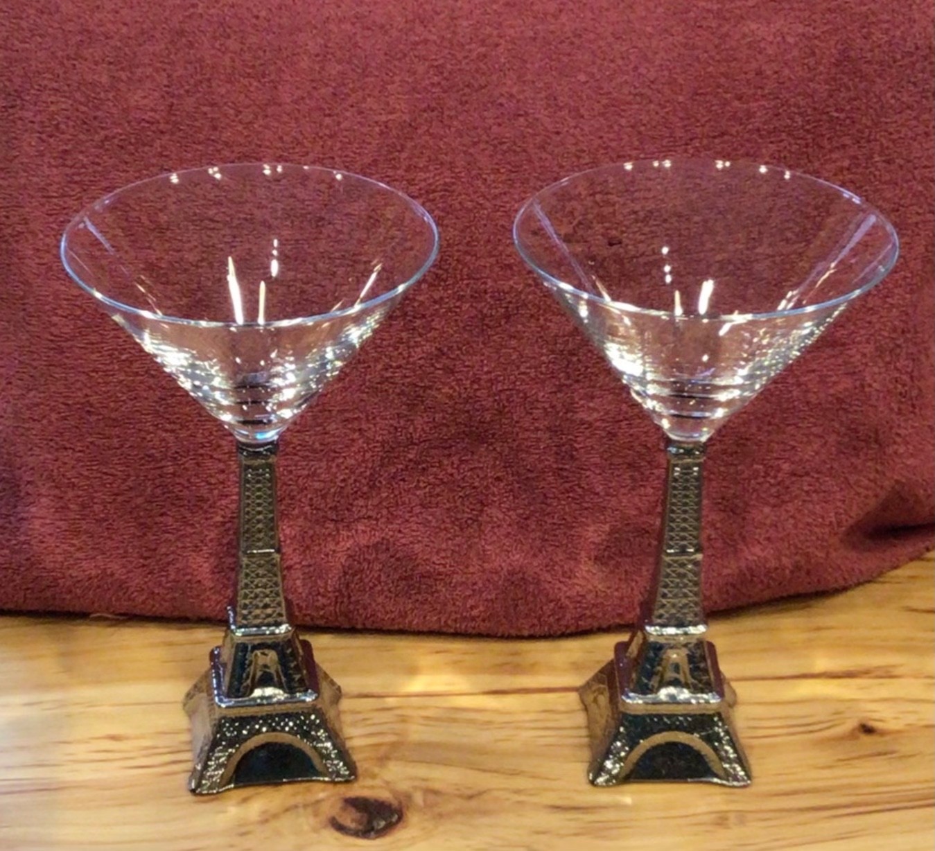 Eiffel Tower Martini Cocktail Glasses Sculpted Silver Stems 7.5” tall