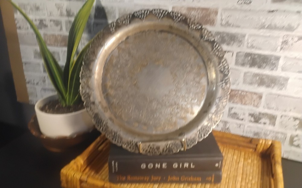 Home Decorators Silver Plated Round Tray Platter Reticulated scalloped 12.75”