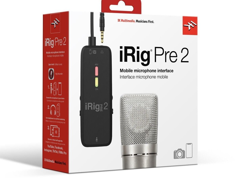 IK Multimedia iRig Pre 2 mic preamp adapter interface on iPhone iPad Android iOS