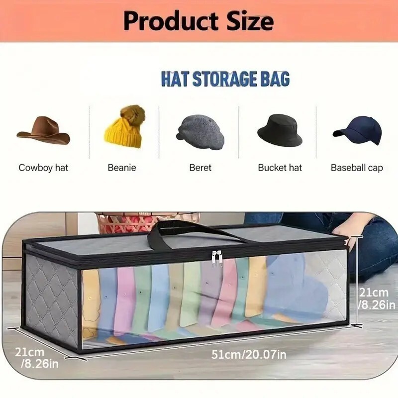 Hat Storage Dust Bag Baseball Hat Cap Organizer Clear Rack Zipper - Gray