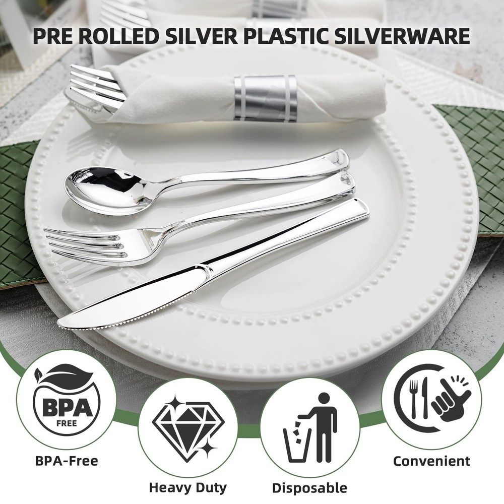 400PCS Pre Rolled Silver Plastic Silverware Sets, 100 Pack Wrapped Utensils