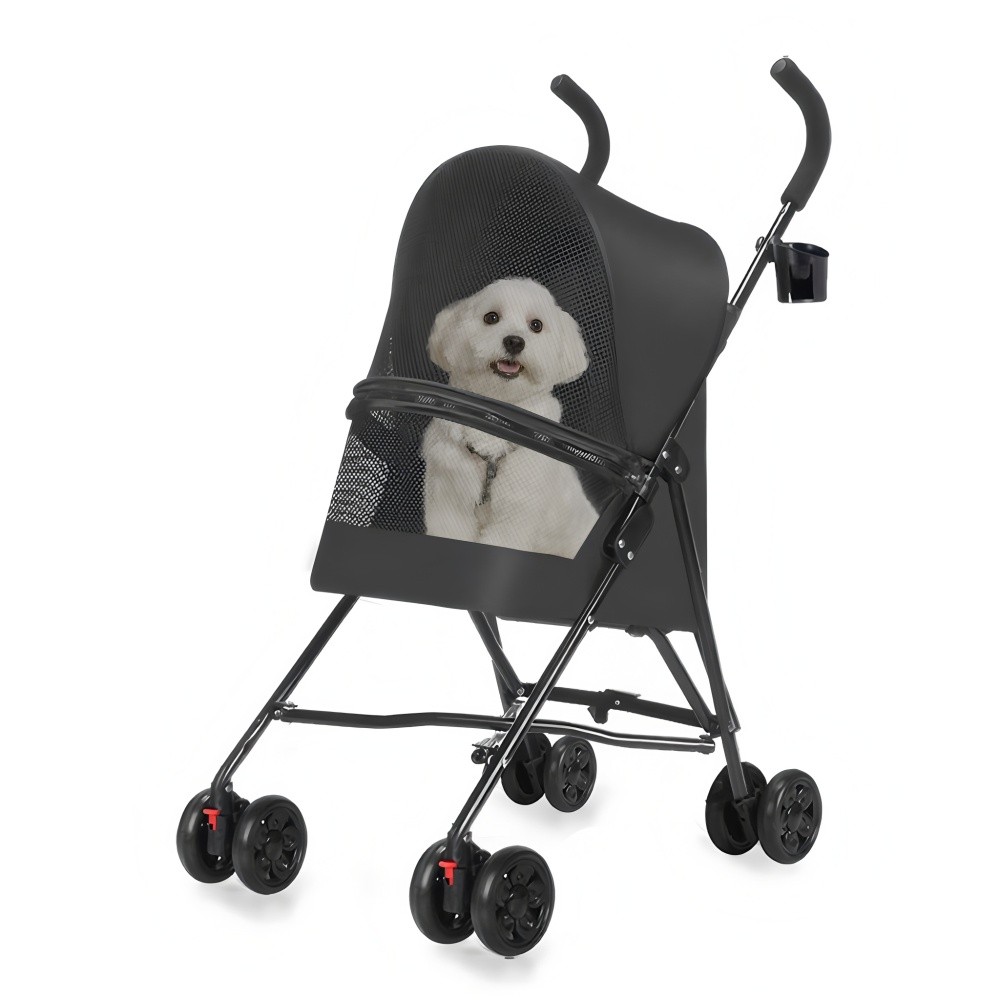 Small Pet Stroller: Foldable, Ventilated, Cup Holder (Black)