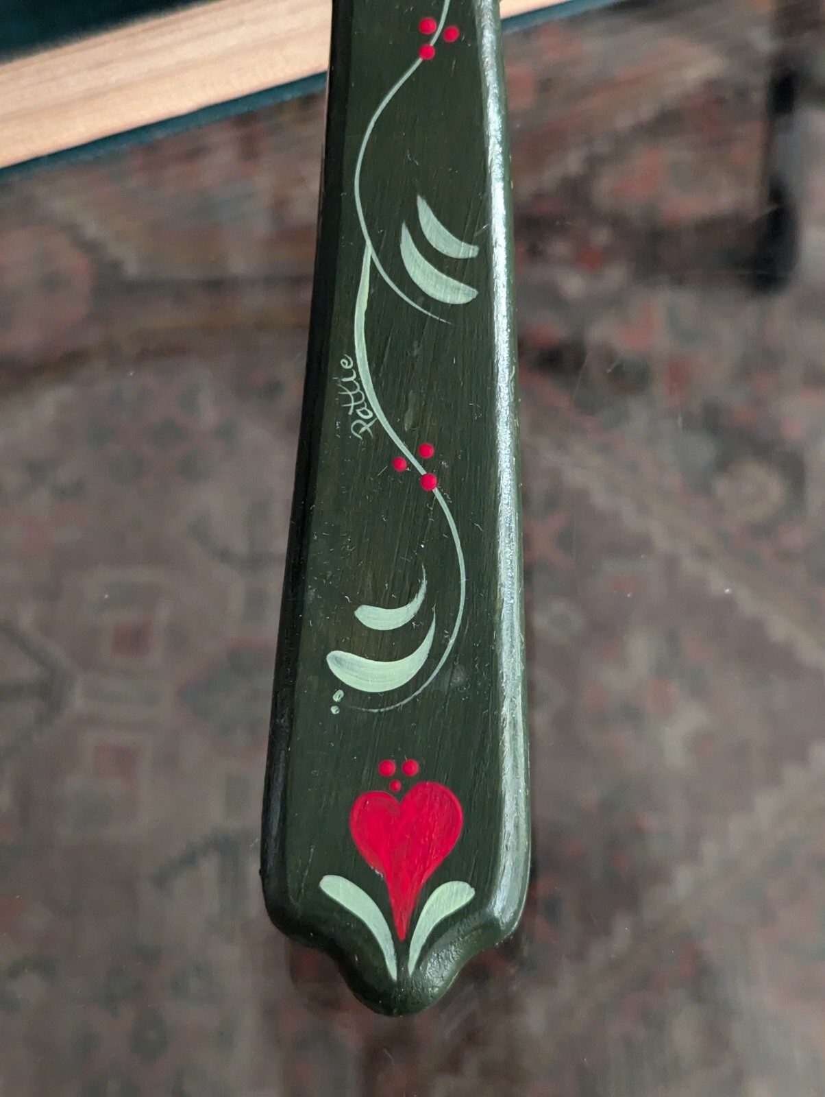 Vtg Hand Mirror Vanity Folk Art Handmade Home Green Wood Tole Painted Floral