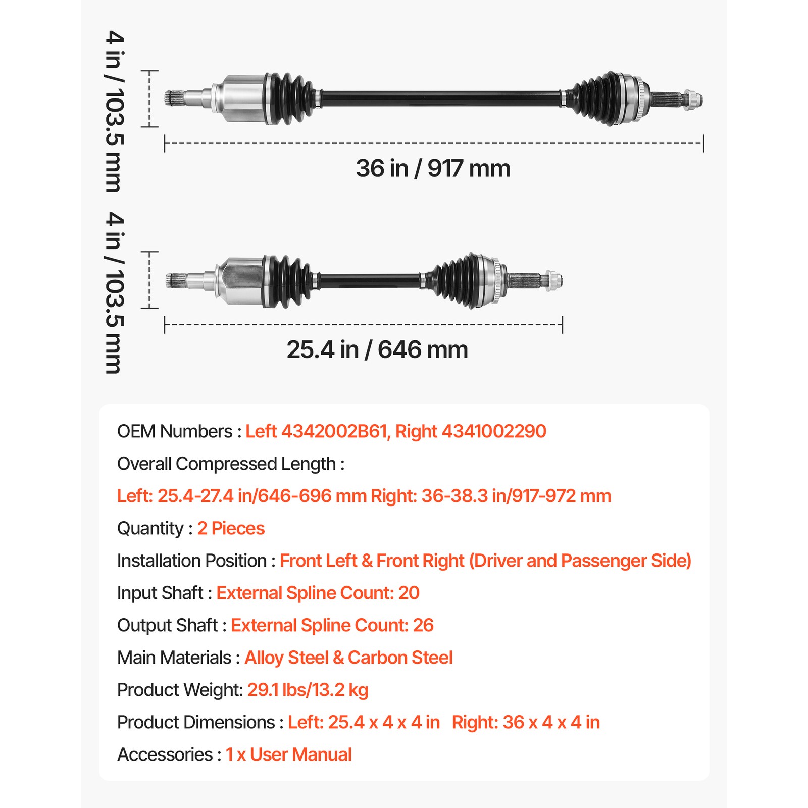 Uimoso Pair Front Left & Right CV Axle Shaft for Toyota Corolla 1.8L 2009-2018