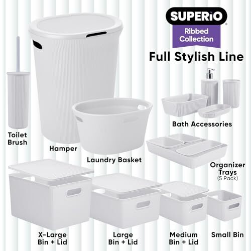 Superio 15L Medium Ribbed Storage Bin- Plastic Storage Bin (2 Pack White Smoke)