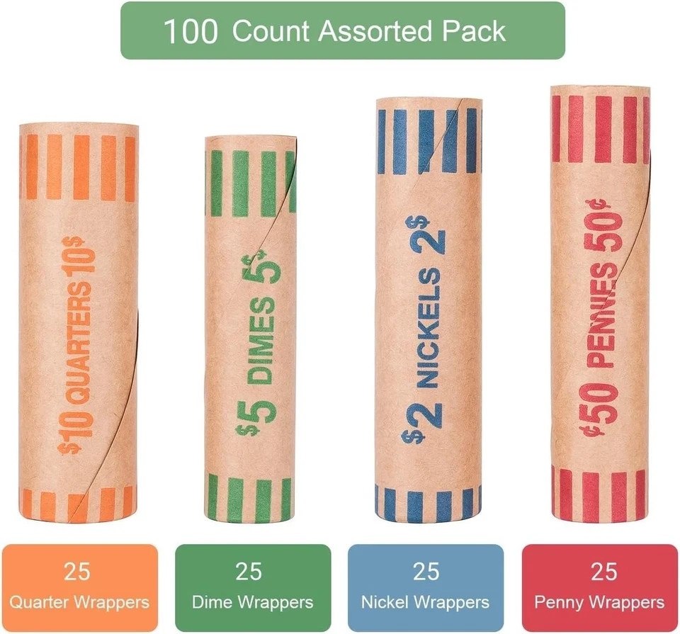 Preformed Coin Wrappers 100 PCS Rolls Assorted for 100