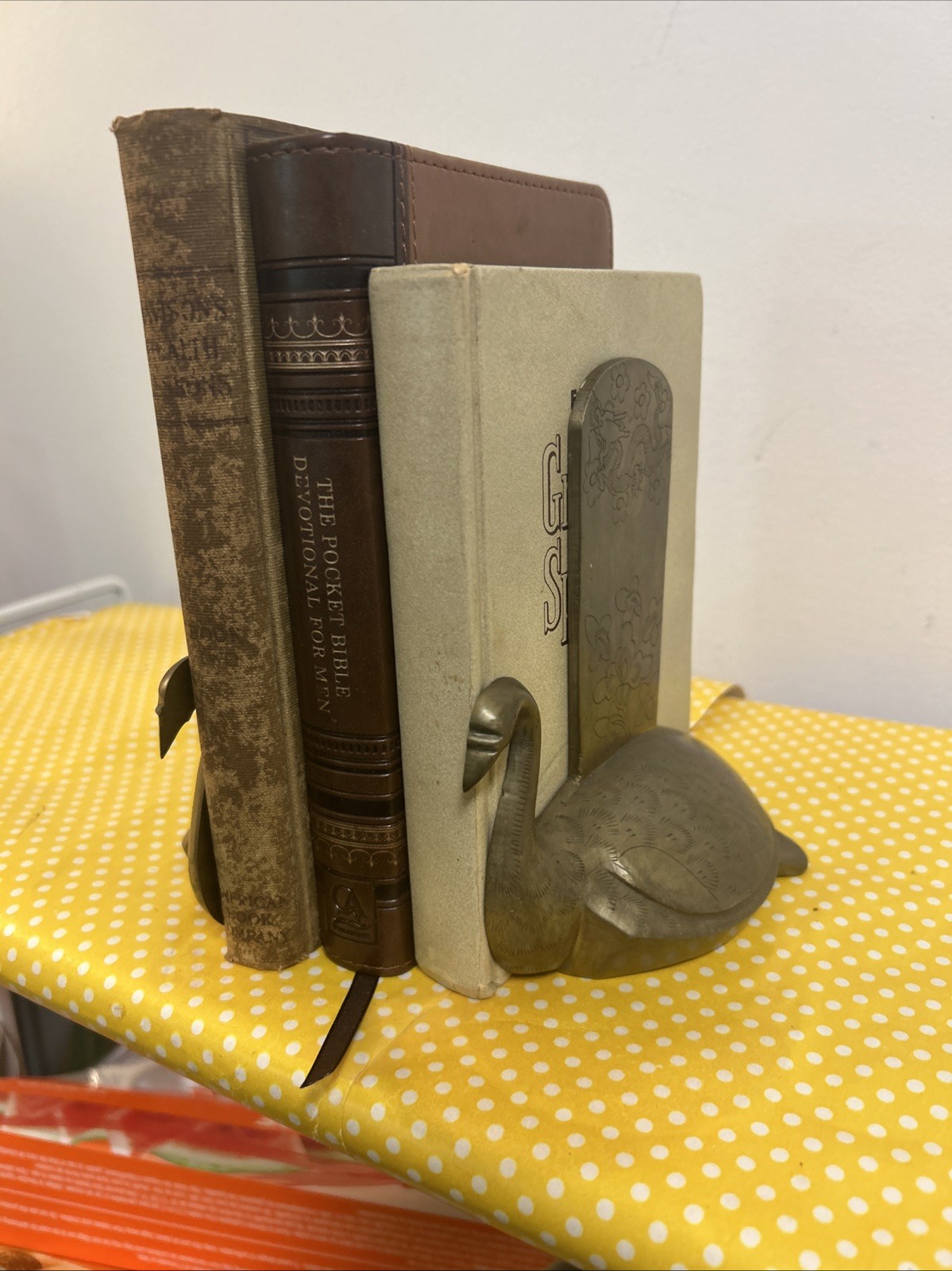 Pair Of Vintage Brass Swan Bookends Chinese Dragon Lotus Flower Carvings Heavy