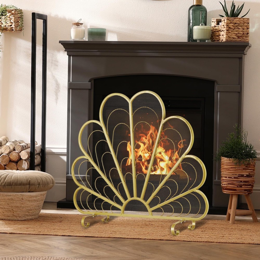 Freestanding Peacock Feather Fireplace Screen Brass Tone