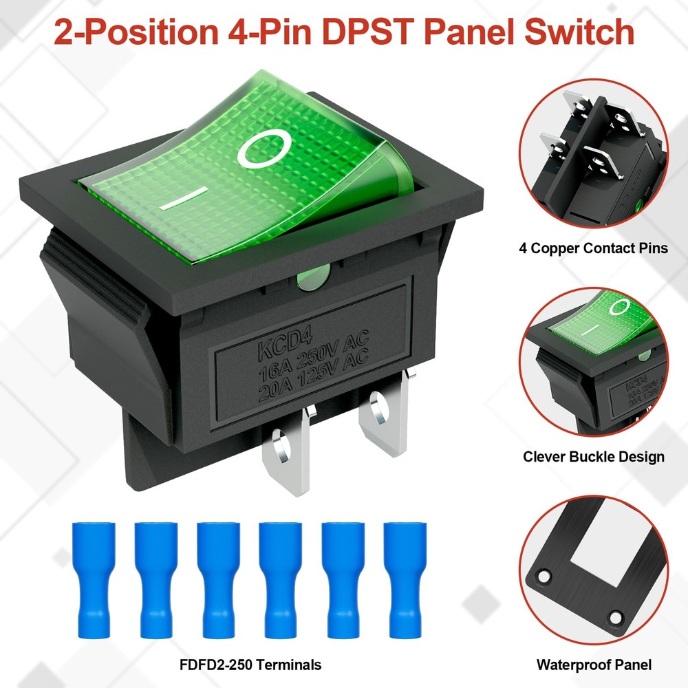 Boat Rocker Switch KCD4 Green 2-Position DPST Panel Switch with 4-Pin Rated a...