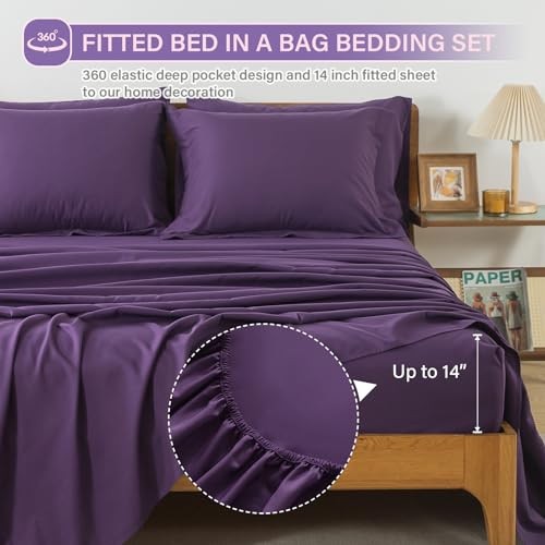 Bed in a Bag Comforter Sets 7pcs All Season Solid Down Alternative Full Purple