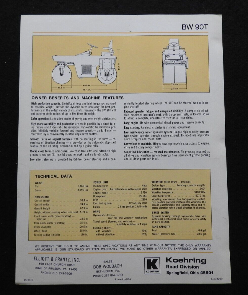 1973 Buffalo-Bomag Vibratory Roller Model BW-90T ENGINEERING Spec Brochure NICE