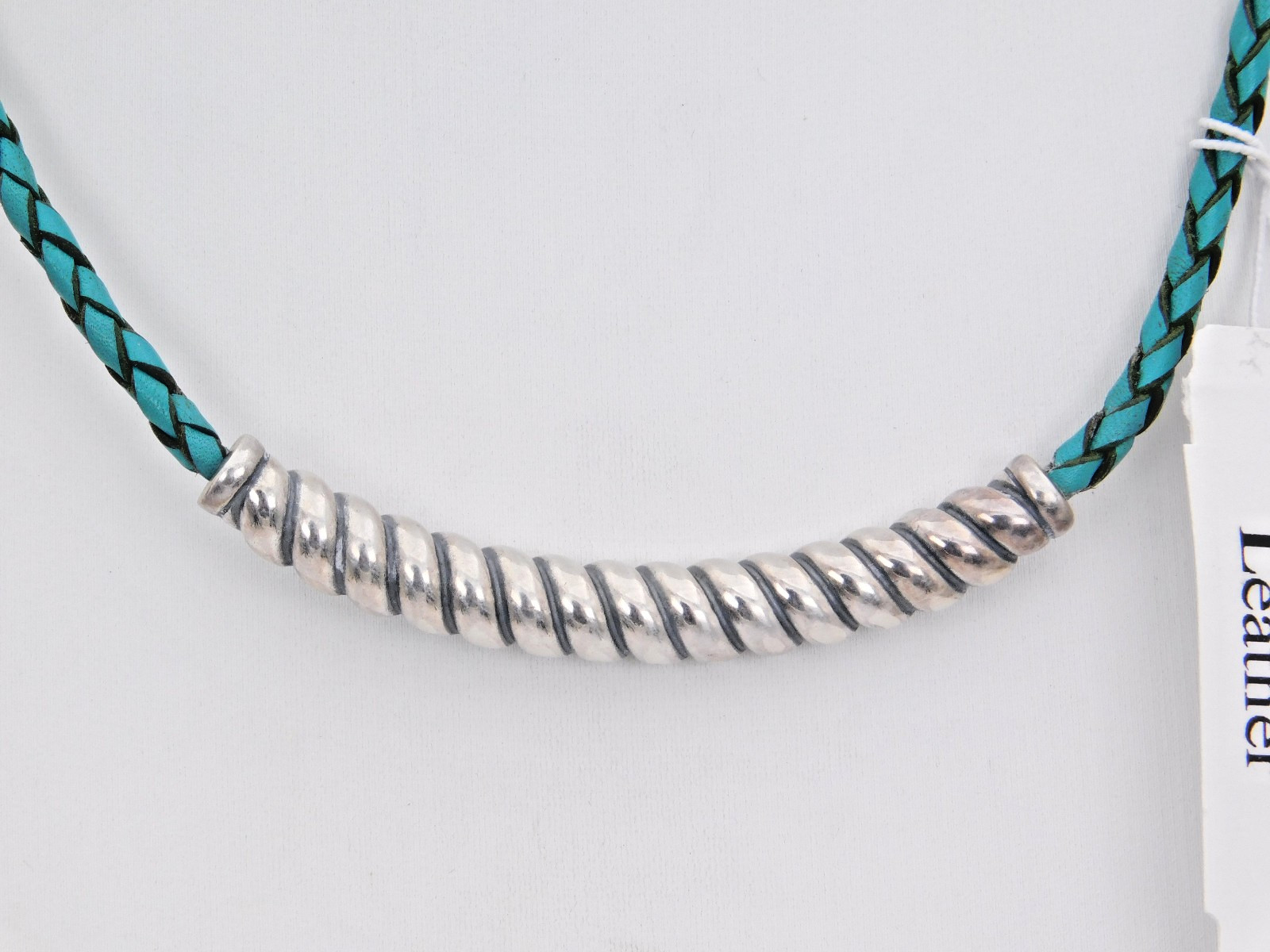 New Carolyn Pollack Sterling Turquoise Leather Scalloped Bar Necklace 16-18"