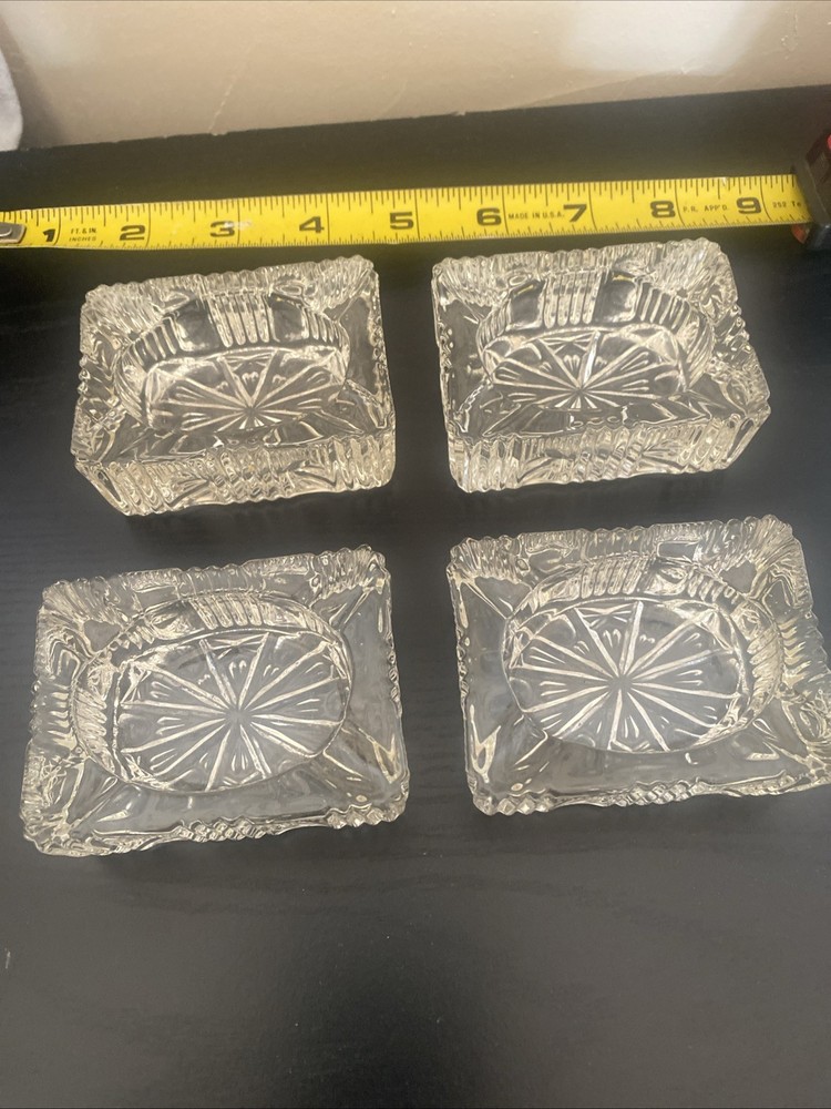 4clear Cut Glass Rectangular Ash Tray Salt Cellar Ribbed Sides Star Burst Bottom