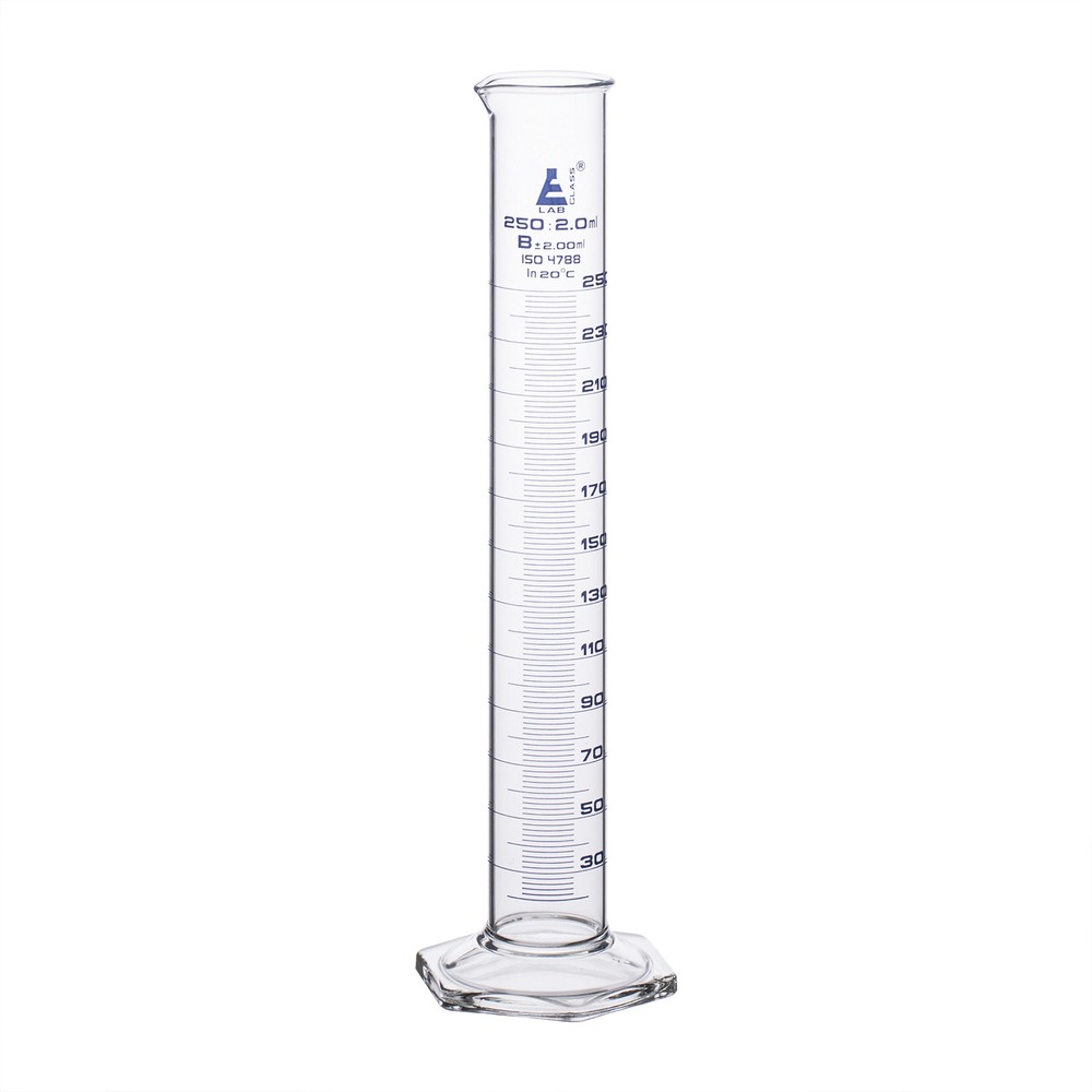 Eisco Labs 250ml Graduated Cylinder, Class B - Blue Graduations, Hexagonal Base