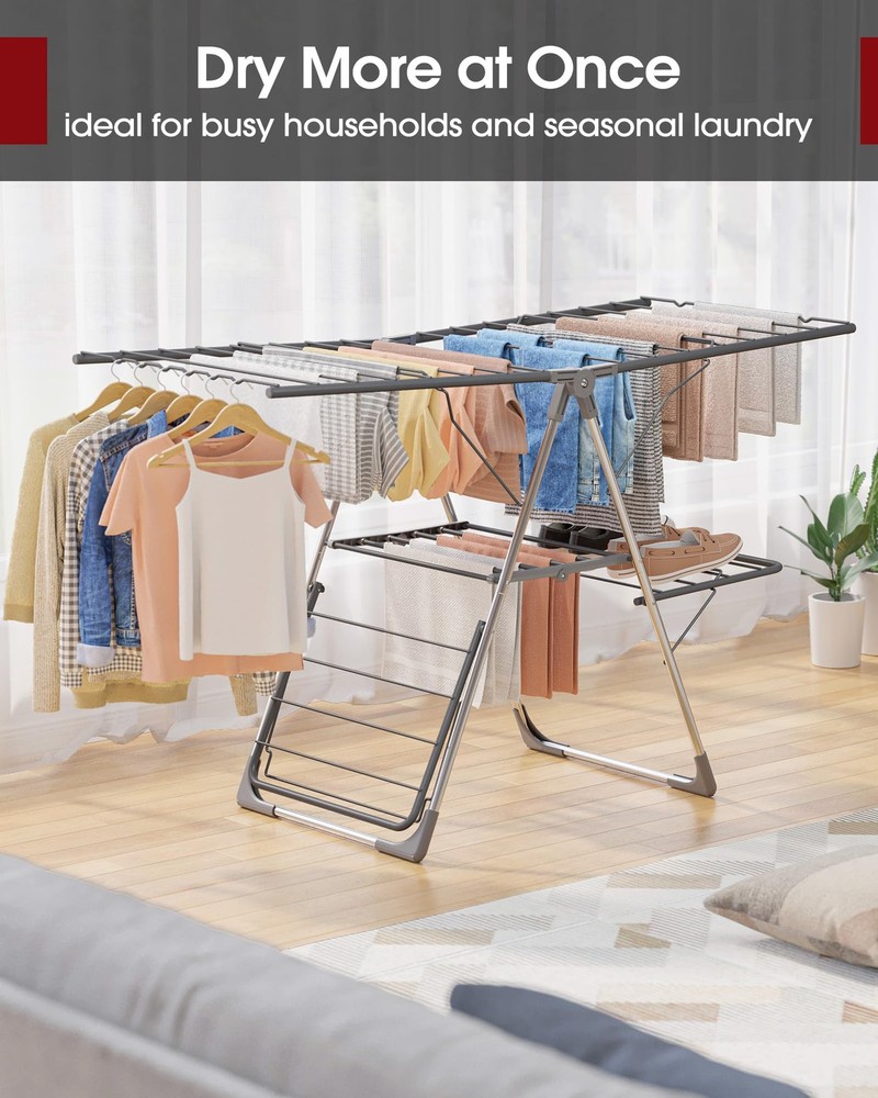 Clothes Drying Rack, Foldable 2-Level Laundry Drying Rack with Height-Adjusta...