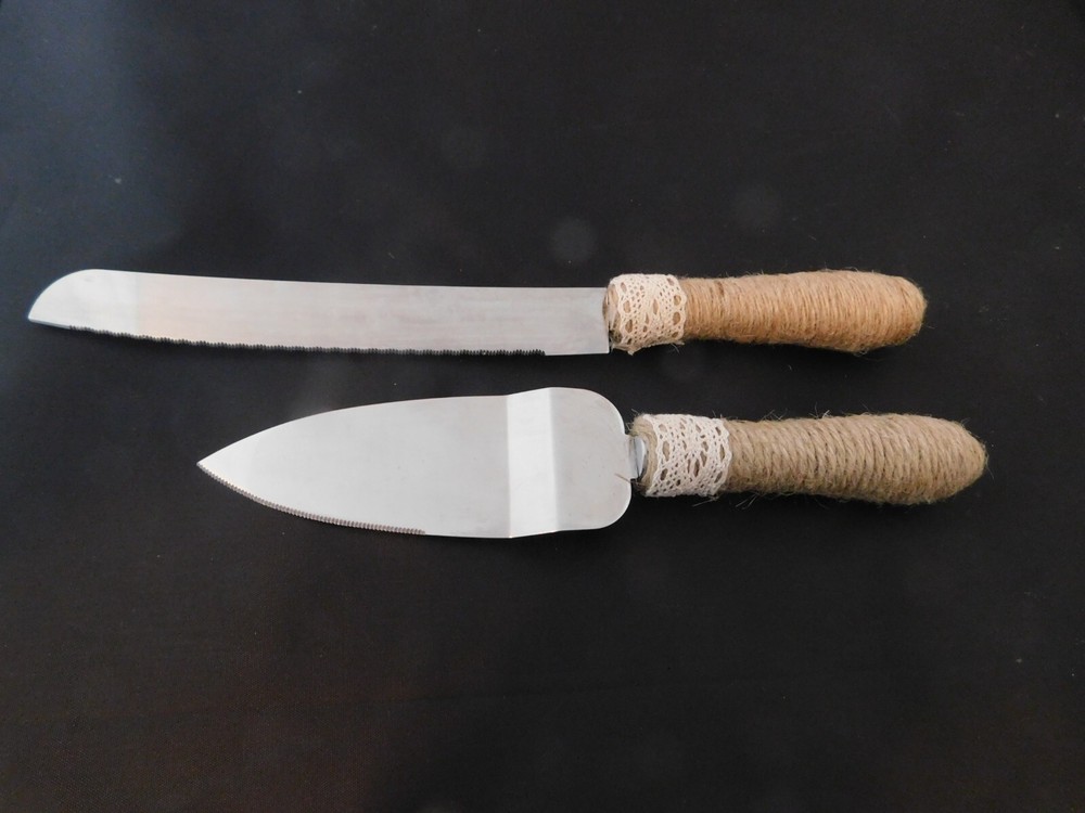 Studio His & Hers Rustic-Style Wedding Cake Knife & Server Set Jute Twine - Used
