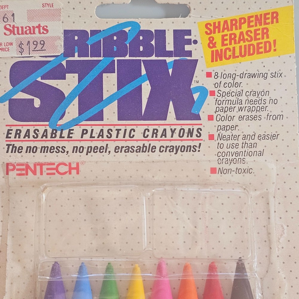 Pentech Scribble Stix Erasable Plastic Crayons 8-Pack Non-Toxic Sharpener & Eras