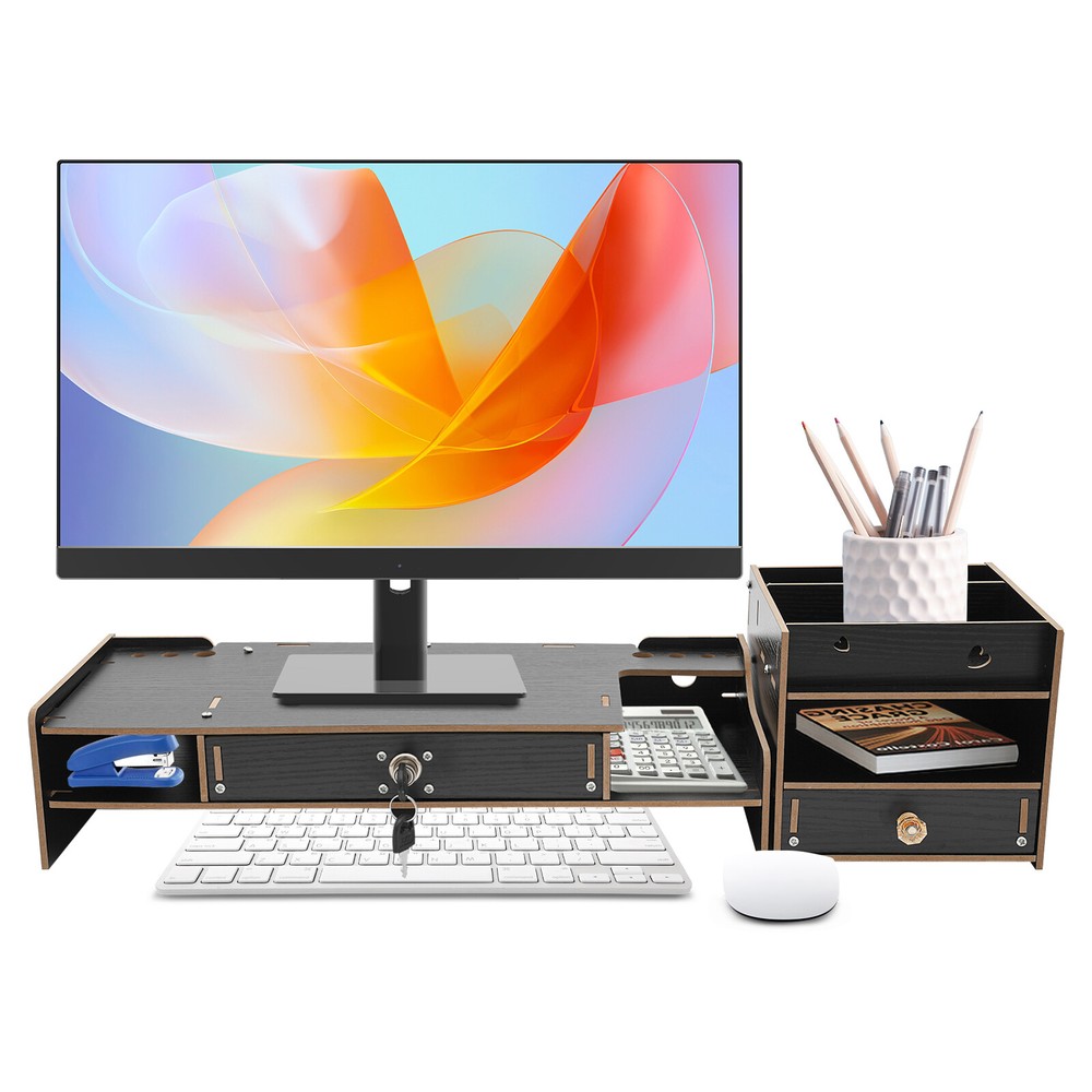 Monitor Stand Riser W/ Storage Organizer & Lock Drawer for Home Office Computer