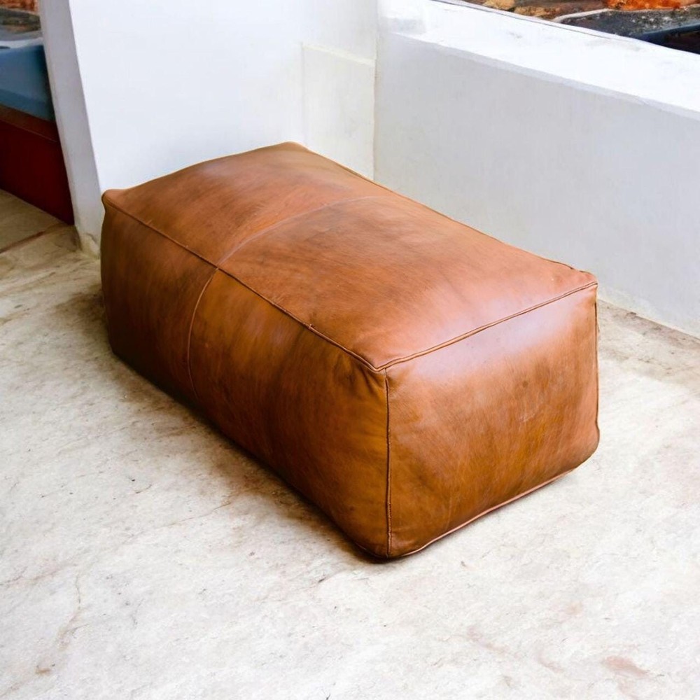 Rectangular Brown Leather Ottoman - Handmade Moroccan Pouf Footstool