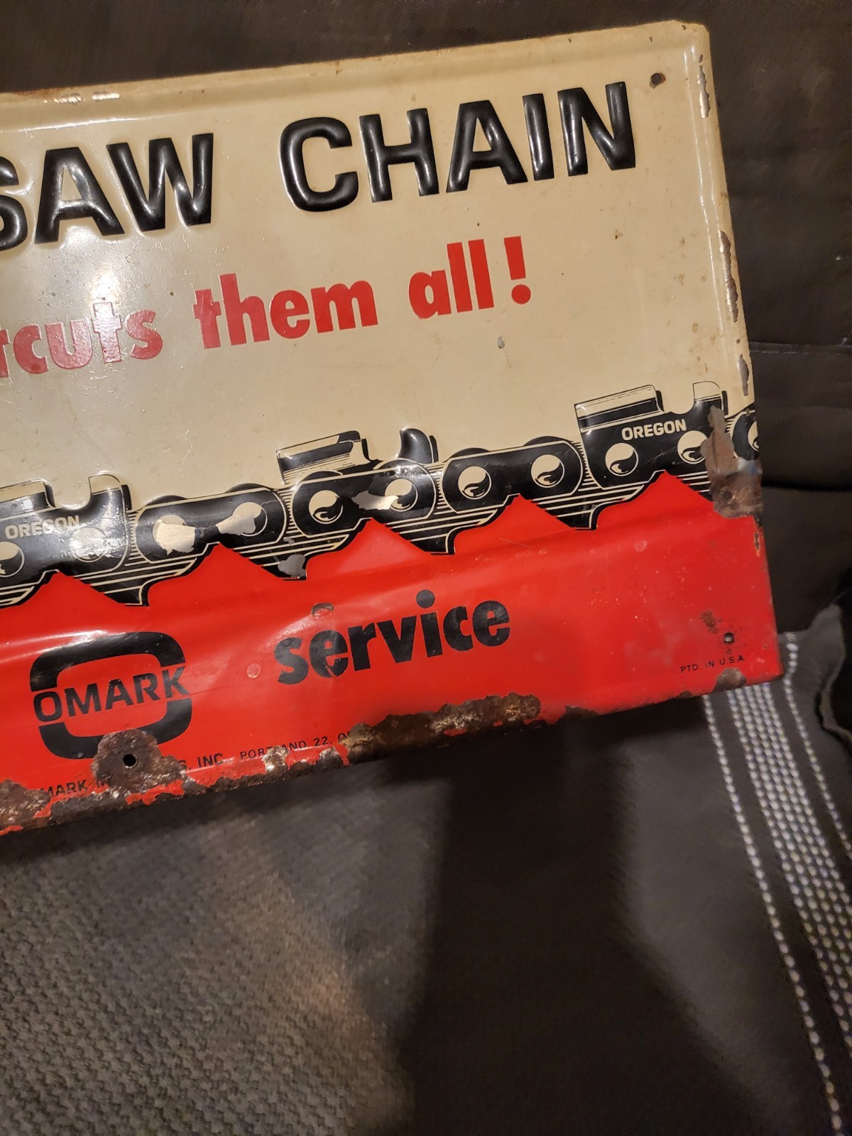 Oregon Chainsaw Advertising Sign, EARLY HEAVY METAL NOT TIN TACKER..