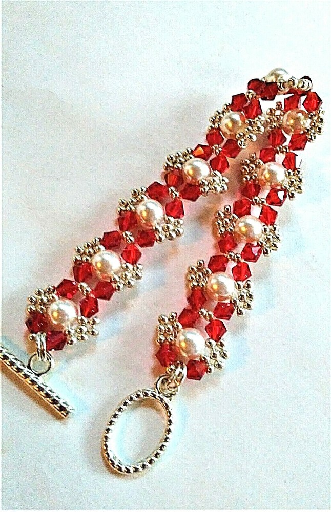 Handmade Red White Pearl Beaded Bracelet