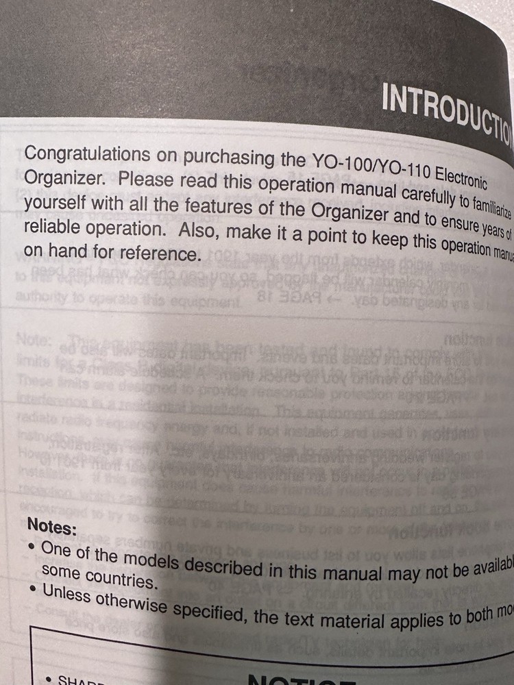 Sharp YO-100 YO-110 Electronic Organizer Operation Manual Original Instruction