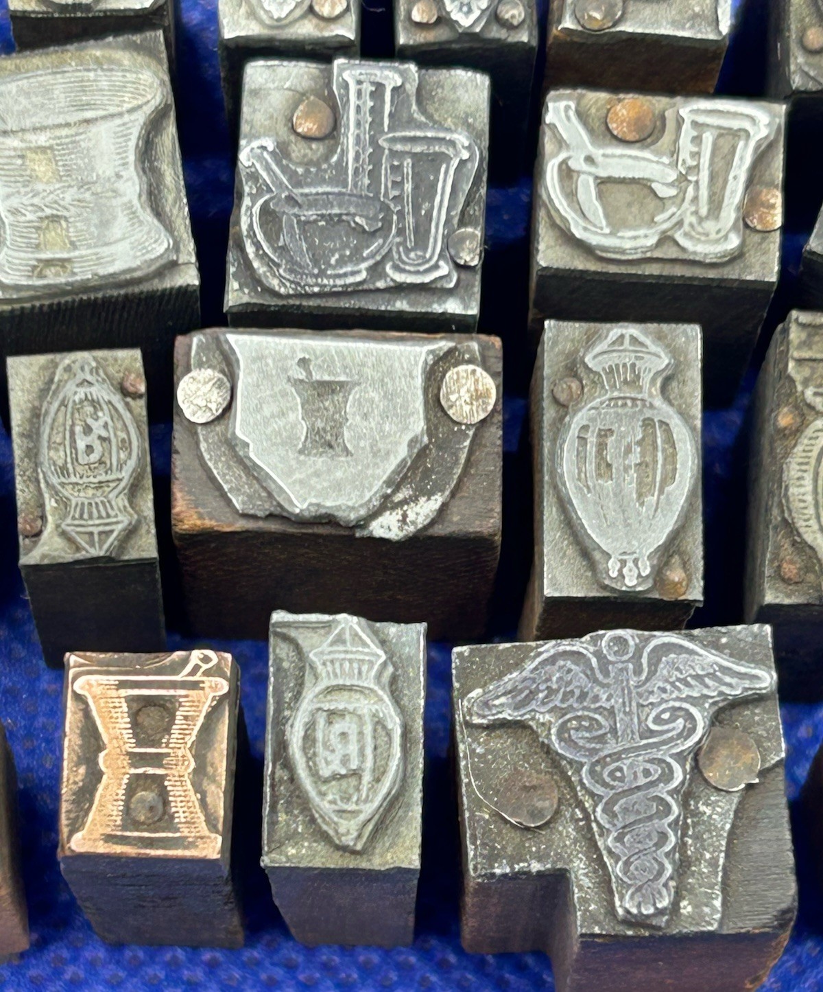 Antique Figural Pharmacy Stamping Dies Pharmacist Log Stamps - LOT OF 30