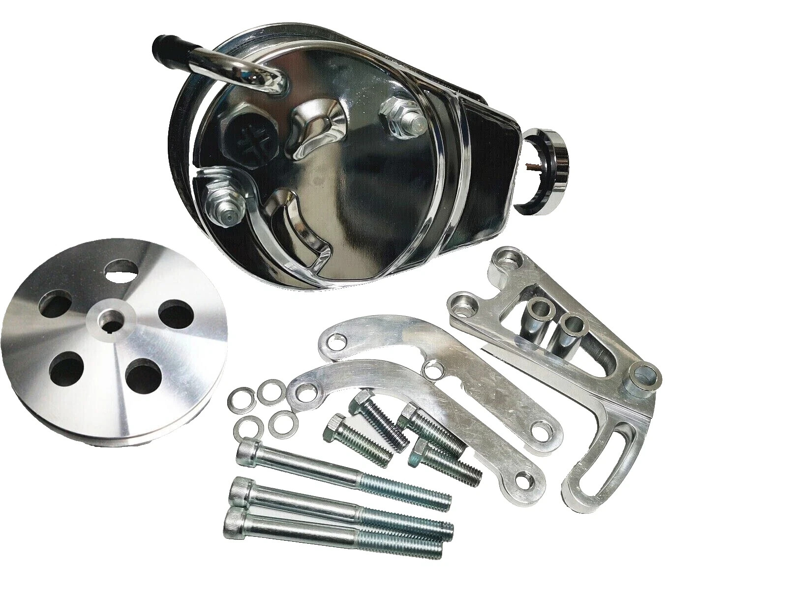 SBC Chevy Chrome Saginaw Power Steering Pump + Aluminum Pulley & Bracket Kit