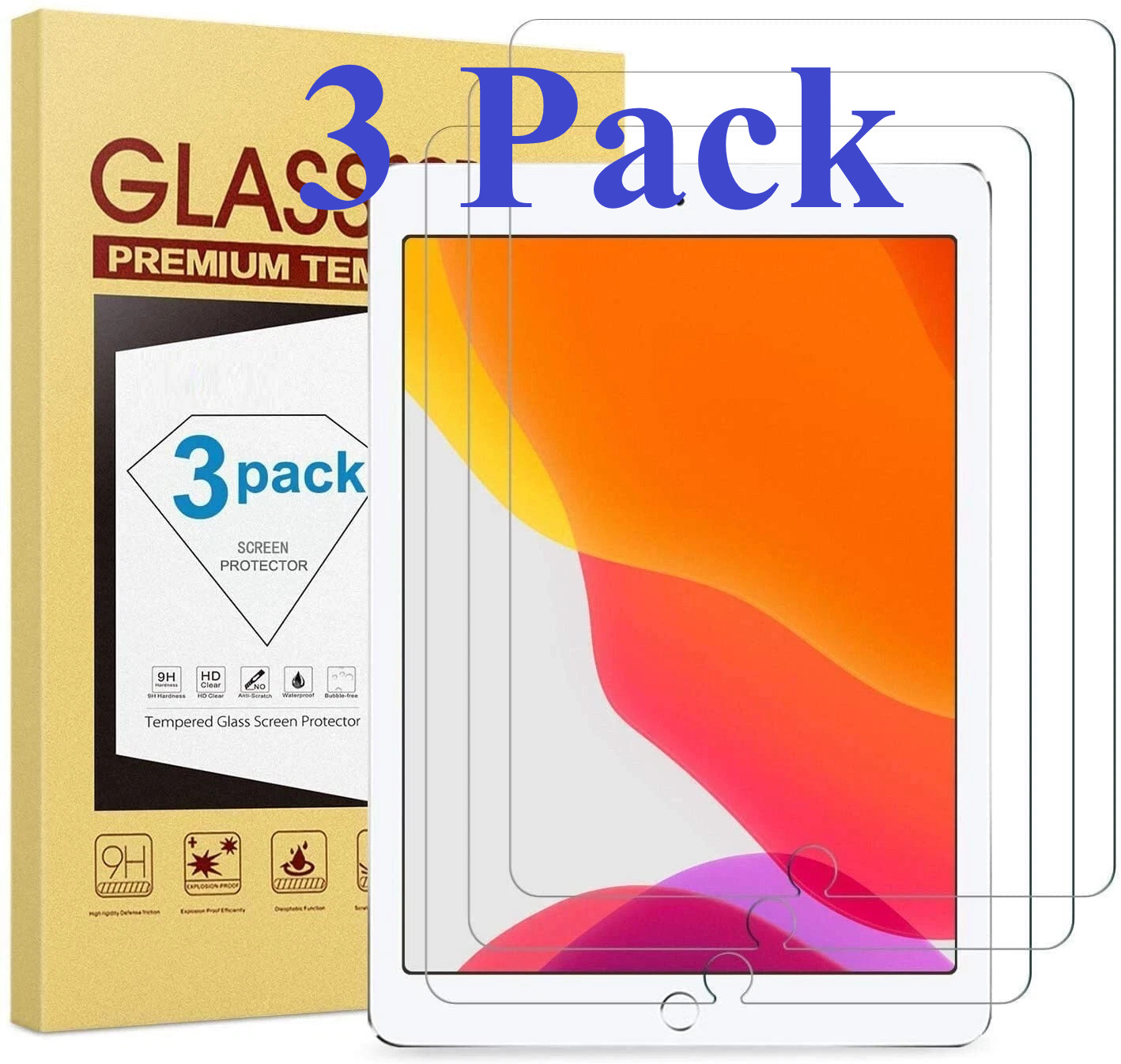 {3-Pack} Clear HD Tempered Glass Screen Protector For iPad 10.2 7th 8th 9th Gen