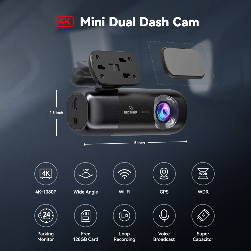 REDTIGER F9 Dash Cam Car Camera with 128GB Card Smart App Control WiFi GPS