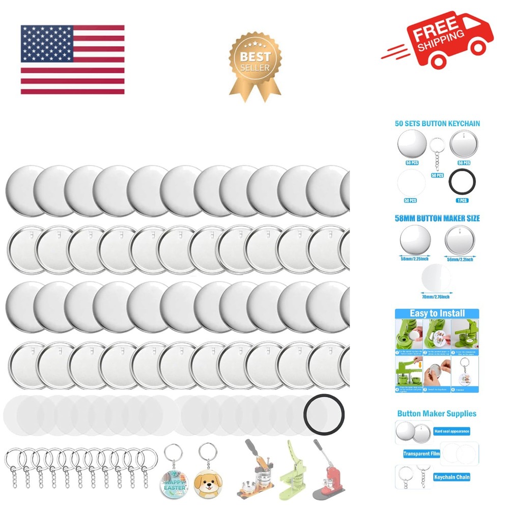 Button Maker Keychains Supplies, 200 Pcs 58mm Pin Maker Set, Metal Button Mak...
