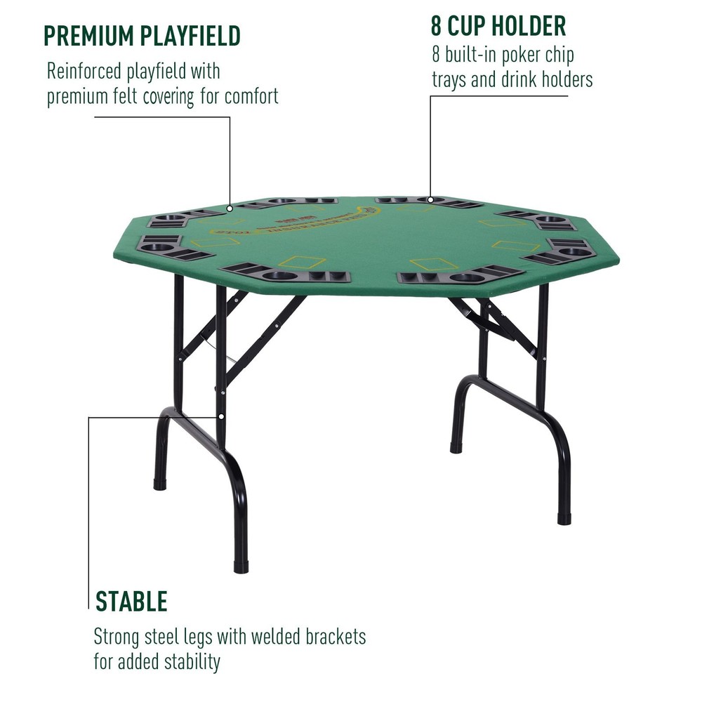 Stable 47.25" Diameter Foldable Poker Table 8-Person with Felt Coating