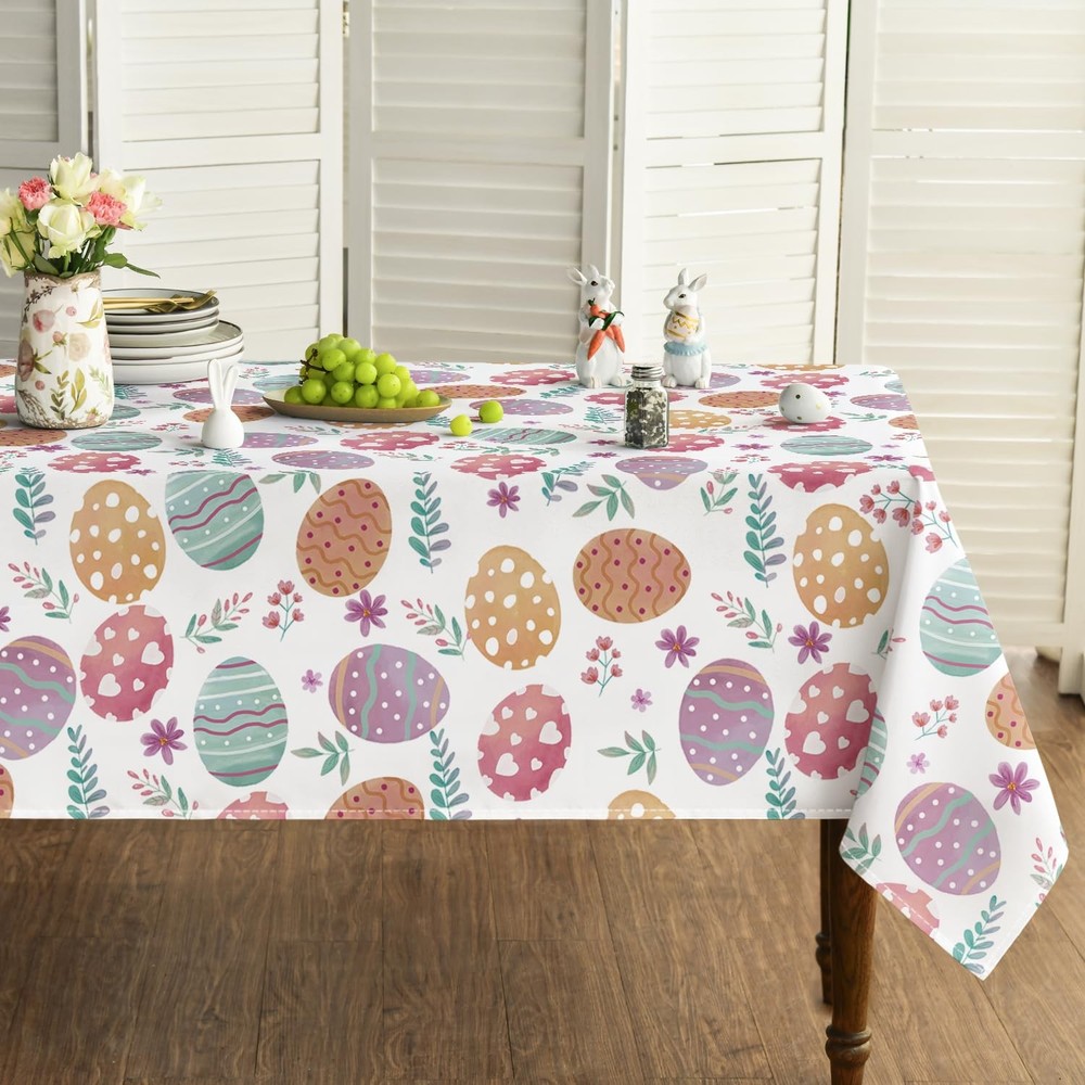 Easter Tablecloth 60×84 Inch Rectangular, Watercolor Easter Eggs Washable Tab...